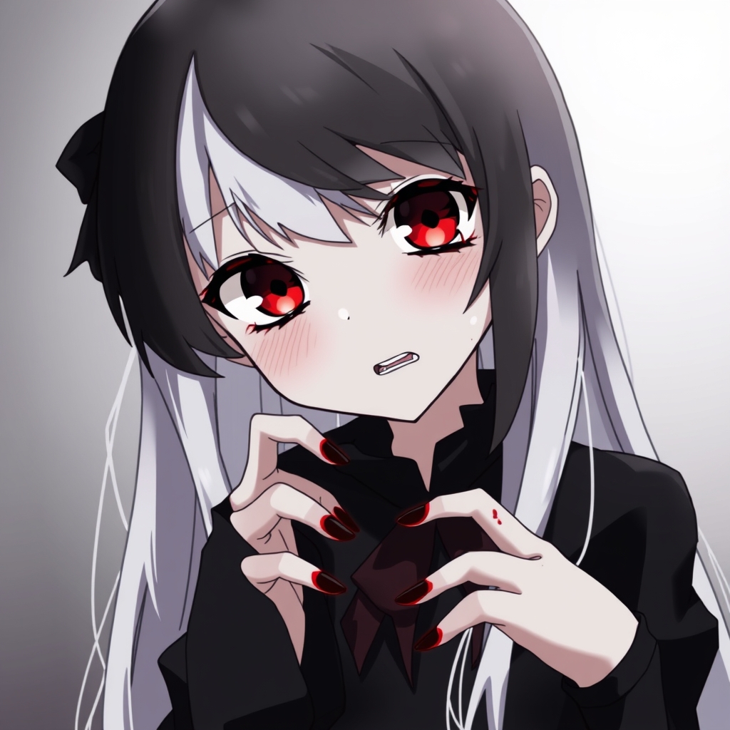 یک دختر با چشم های قرمز و موهای سیاه که پایین موهاش تا وسطای موهاش سفید شده و لباس سیاه تنش و خون اشام با چهره ای وحشت زده و روب دستاش یکم خون در حال مرگ3