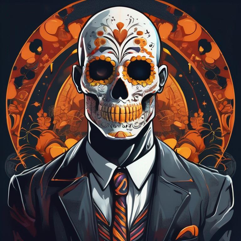 جزئیات بالا، رنگارنگ، مرد جمجمه قندی، مرد طاس لاغر سفید، سبک هیتمن، فضای شبانه در هالووین23