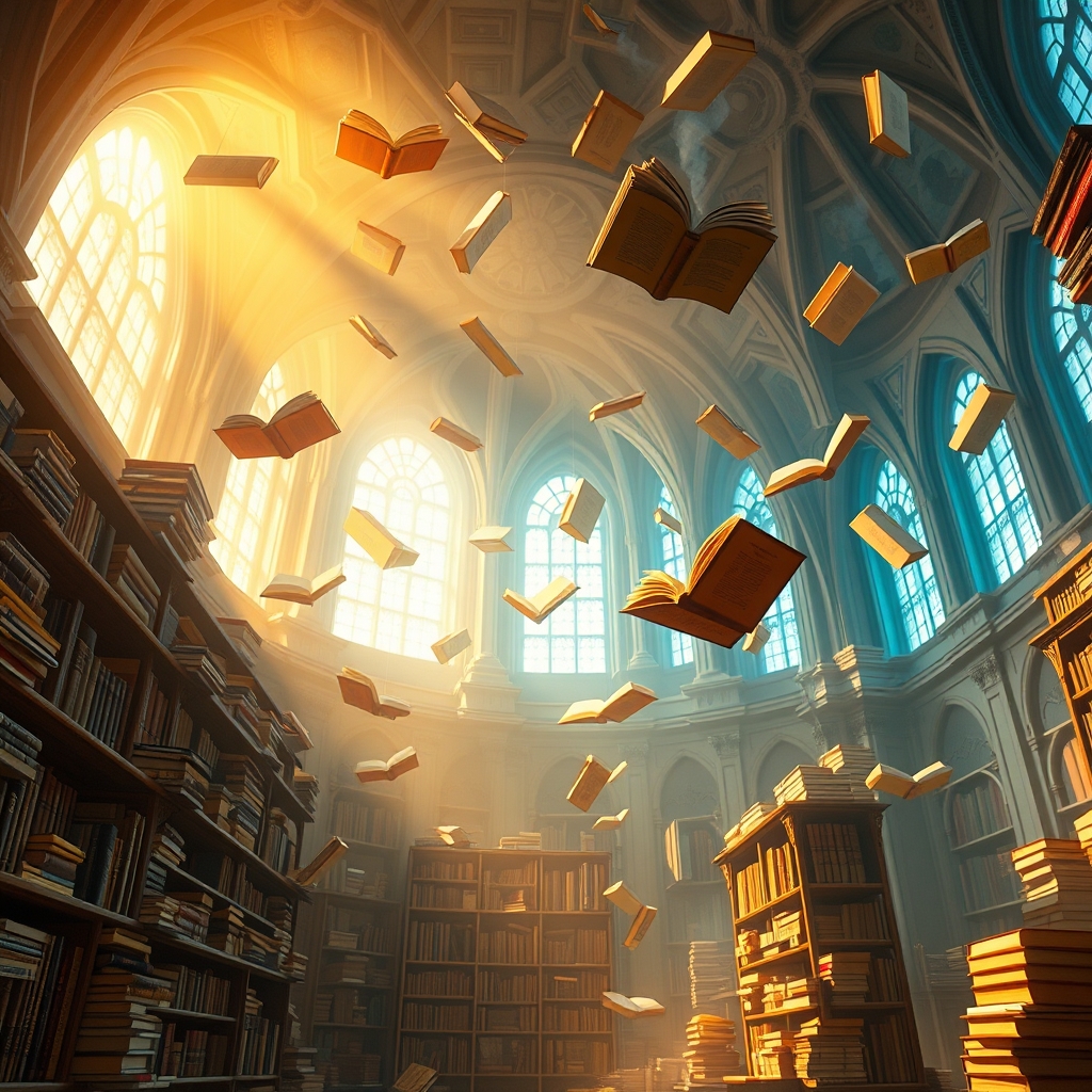 یک کتابخانه خیالی با کتابهایی شناور در هوا، روشنشده با نور طلایی.12