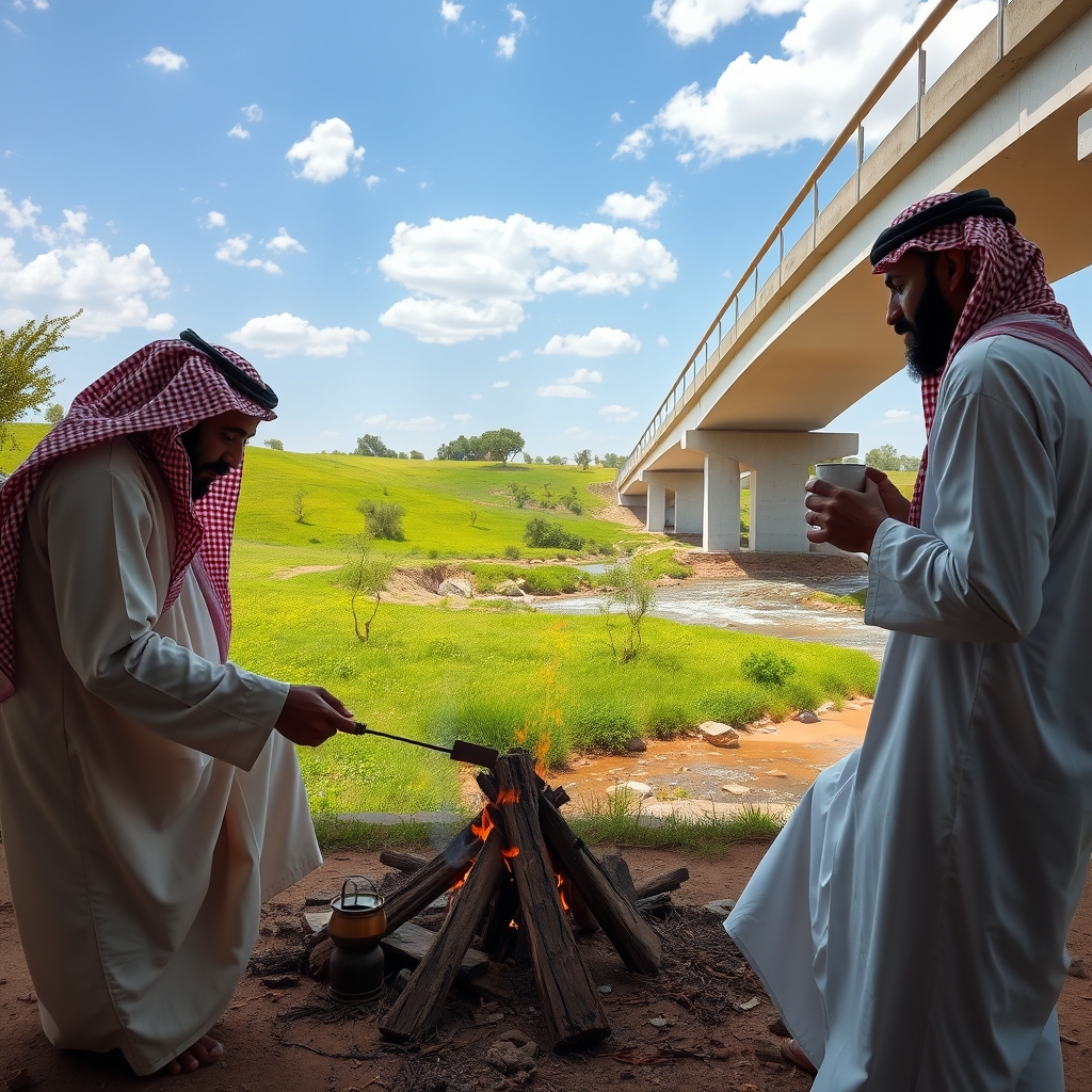 دو مردعربستانی با دشداشه سفیدو چفیه قرمز اتش روشن کردن و یکی چای میخوره و دومی درحال درست کردن قهوه زیر پل سفید در چمن زار سرسبز با درختهای کوچک و یک رودخانه بزگ شنی پراز اب صاف از کنار رد شده اسمون ابی روشن و پراز تکهای ابری سفید 2