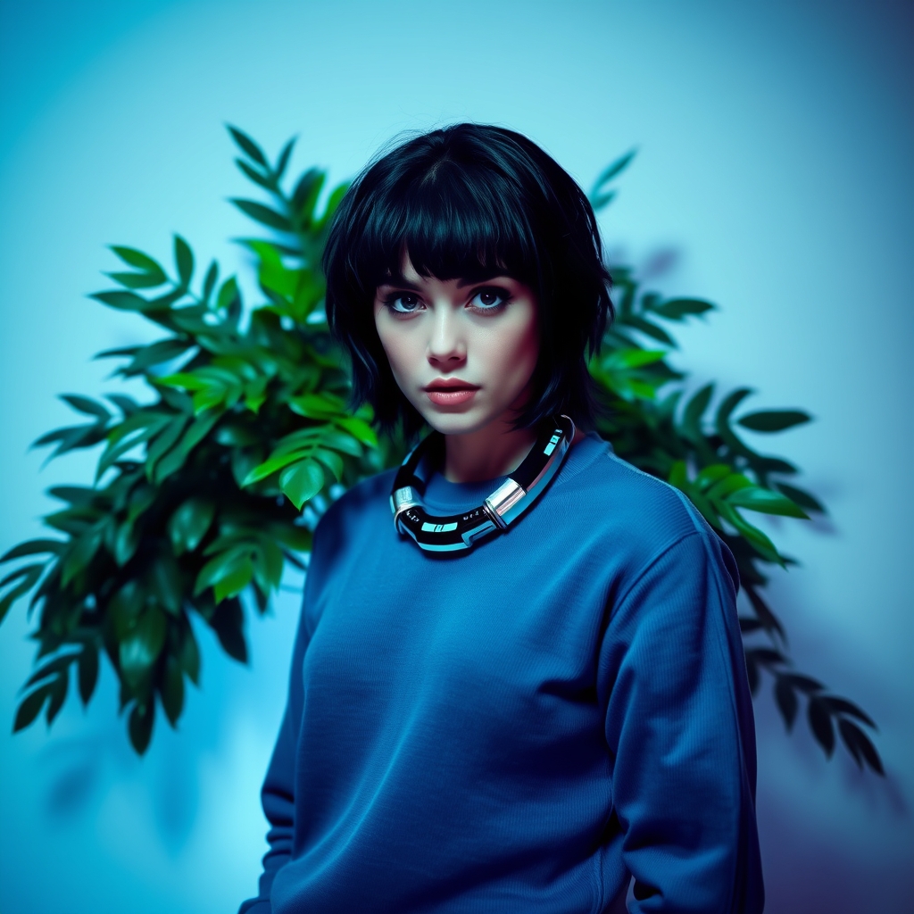 The image shows a person wearing a blue sweater and a necklace, standing in front of a green plant against a white background. The person has dark hair and is looking directly at the camera.1