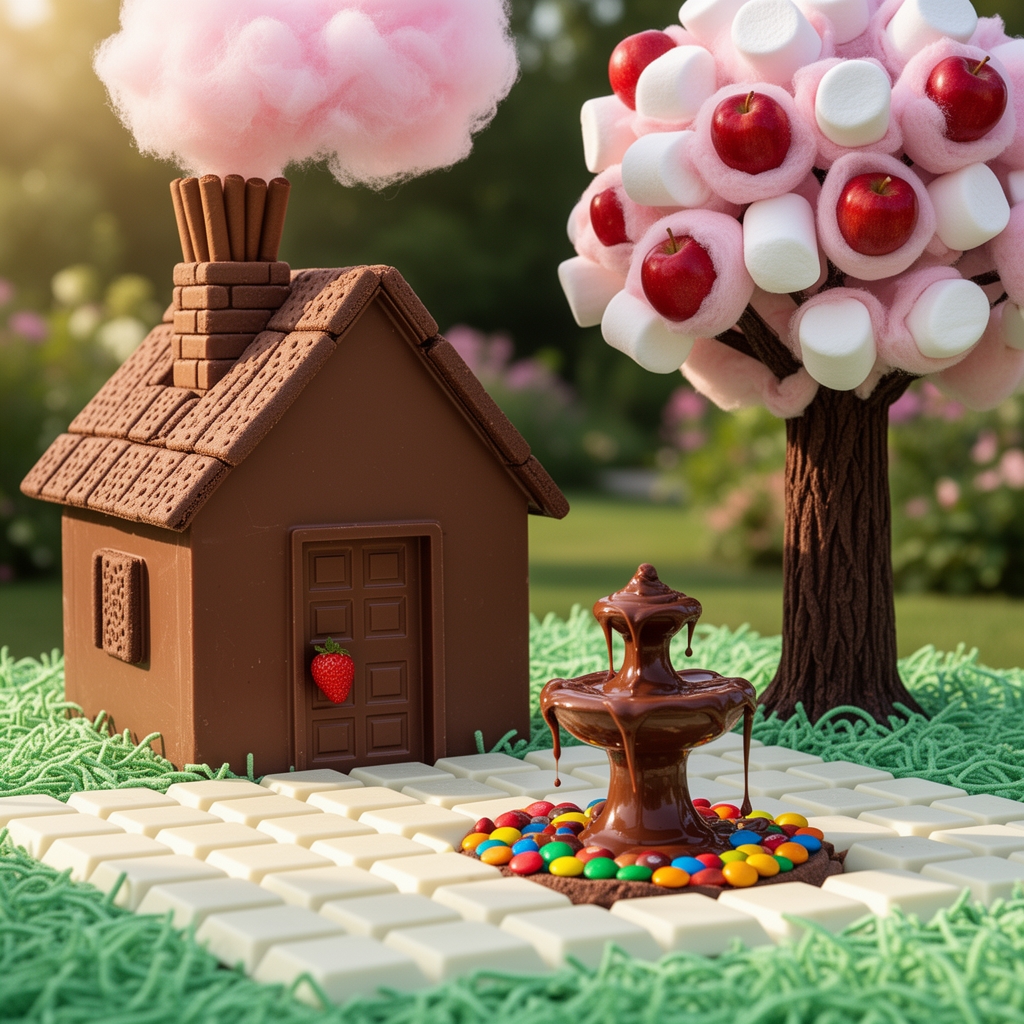 یک کلبه از جنس شکلات با سقف شیروانی از جنس بیسکوییت شکلاتی و یک دودکش از جنس شکلات سیگاری که از دودکش بجای دود پشمک بیرون میاد و یک در از جنس شکلات تخته ای که دستگیره در یک توت فرنگی هست
و حیاطی که موزاییک هاش از جنس شکلات تخته ای شیری سفید رنگ هست و وسط حیاط یک فواره هست که از جنس کاکائو و آبنبات هست و از فواره نوتلا میریزه و یک درخت پشمکی اون طرف حیاط هست که میوه هاش آلبالوهست و تنه درخت کاکائویی و خلاصه همه چیز خوشمزه و خوردنیه و علف های توی حیاط از جنس پشمک سبز رنگه5