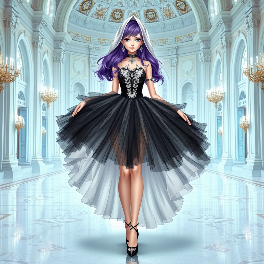 یک دختر مو بنفش زیبا با لباس مشکی توردار سفید زیبا و کفش مشکی مجلسی با نگین سفید ایستاده در قصر سفید23
