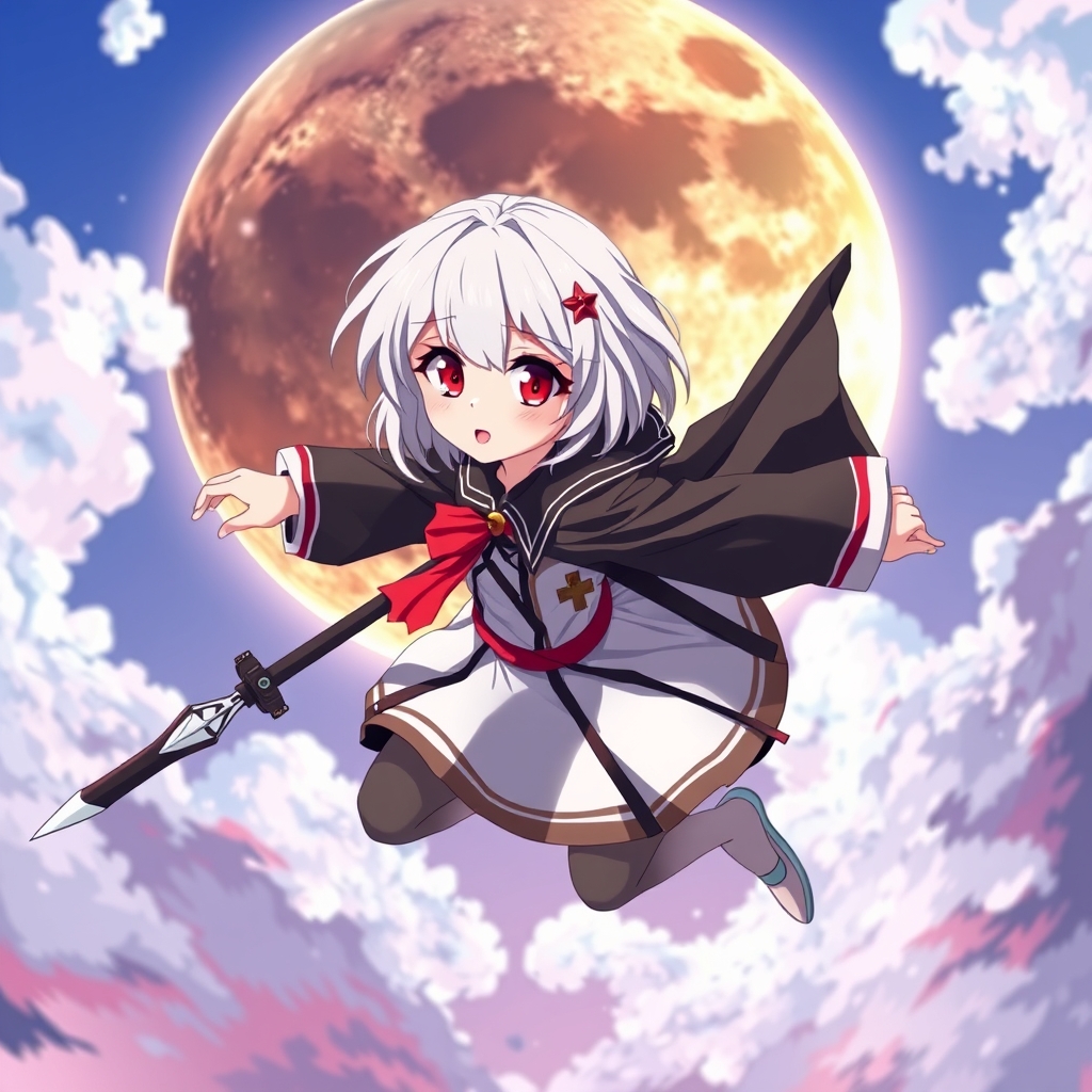 دختری انیمه با مو های سفید و چشمانی قرمز و لباس سیاه و سفید که پشت ان ماه سفید،طلایی،قرمز،مشکی که در یوا پرواز میکند دختری با سن ۱۴ که پشت ان دو شمشیر کوتاه وجود داشته باشه
۱:۱۶
9