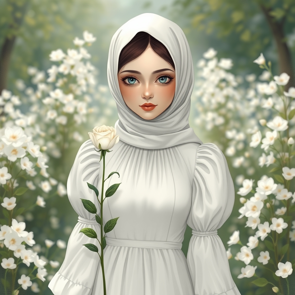 عکس دختر باحجاب که سفید با پیراهن چین چینی و پفکی  وبا آستینی چین دار و چشمانی آبی  و صورتی مثل ماه درباغی زیبا پر از گل های سفید و در دست دختر یک گل رز سفید است4