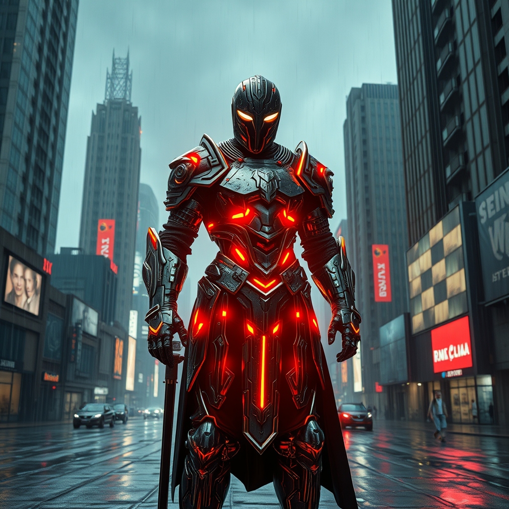 یک شوالیه آیندهنگر با زره اسکلت خارجی درخشان، ایستاده در دنیایی پساآخرالزمانی.10