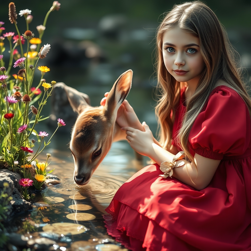 بچه آهو در حال آب خوردن از یک چشمه زلال و گوارا که کنار چشمه گل های زیبا در آمده و دختری زیبا با موی بلند و پوست لطیف و چشمانی زیبای رنگی و لباس قرمز آستین پفی و دامنی حریری هفت لا نشسته و آهو را ناز می کند 19