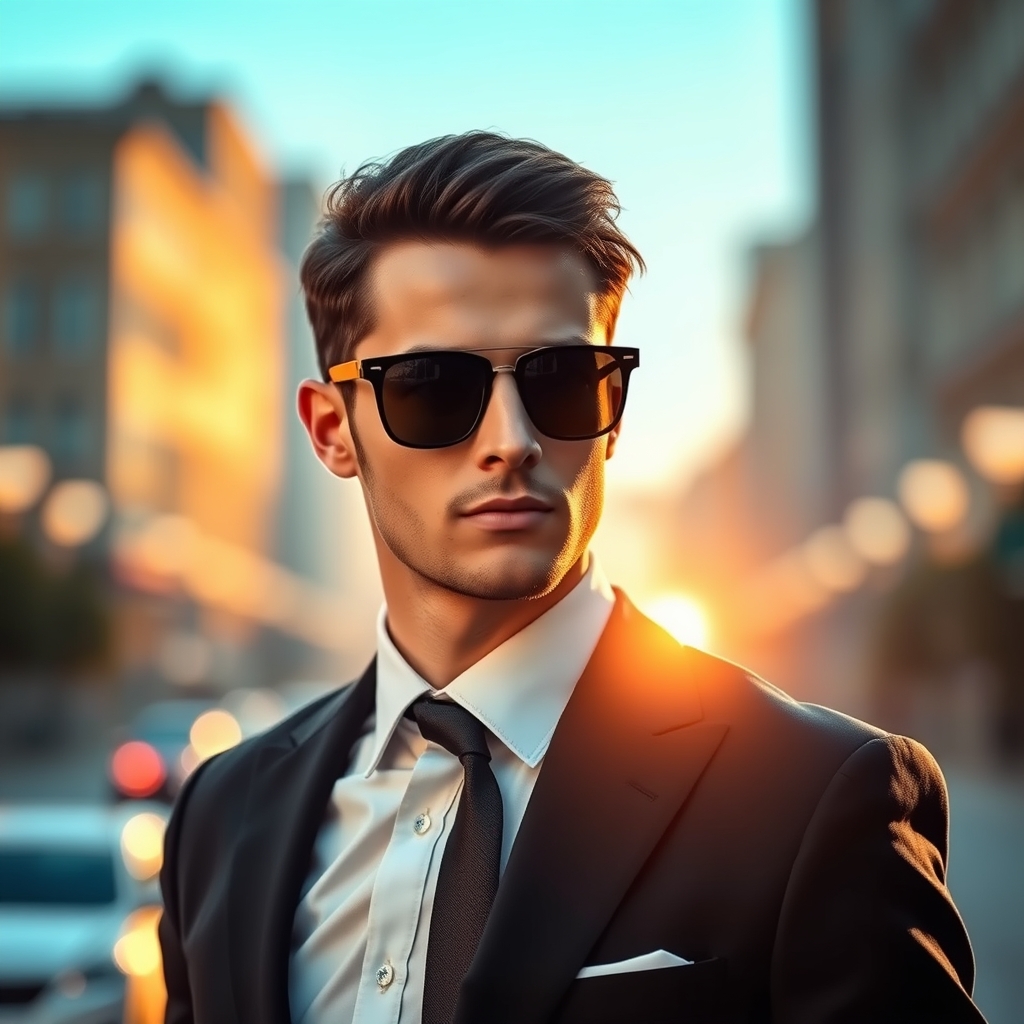 عکس یک مرد خوشتیپ با کت و شلوار مشکی و عینک آفتابی 18