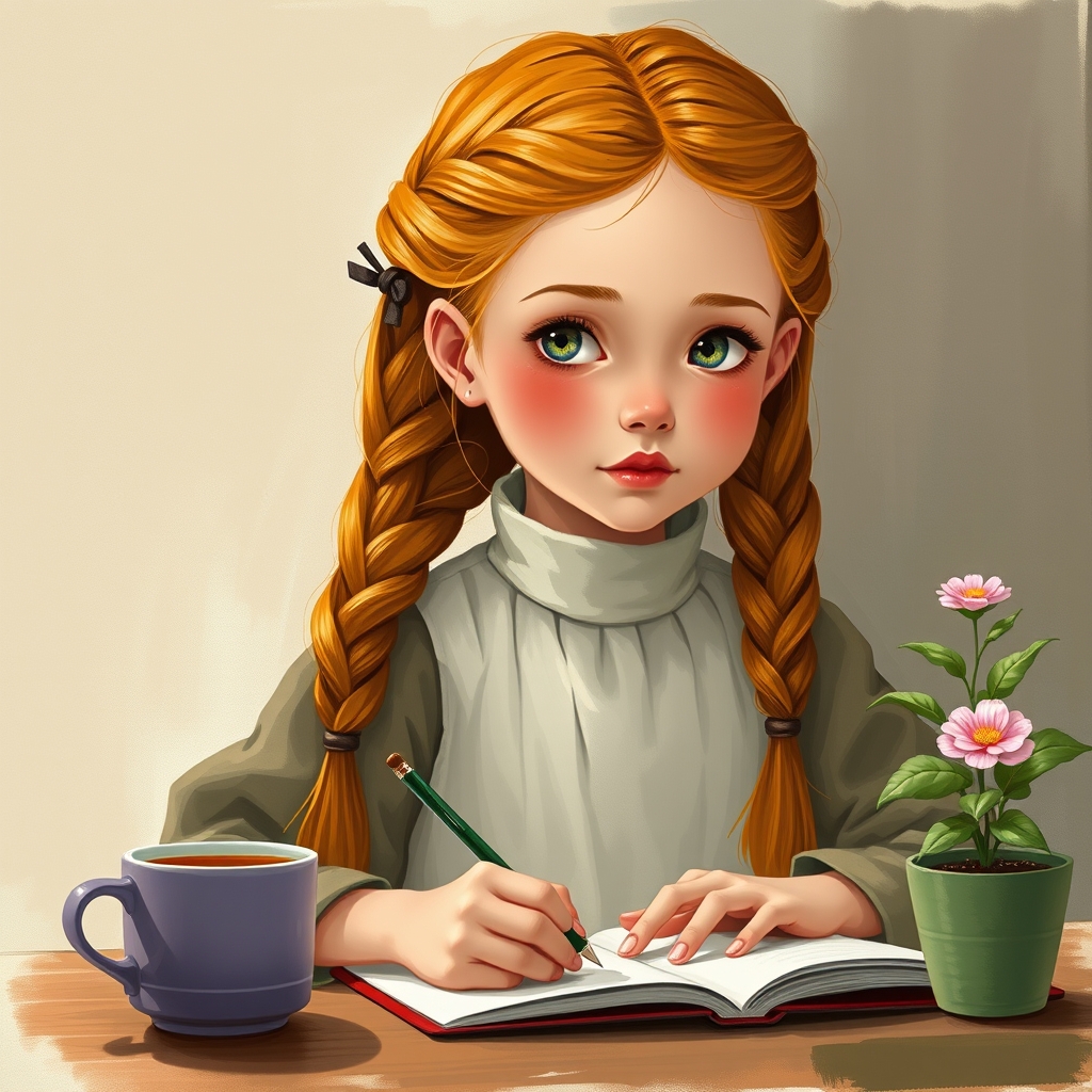 دختر با موهای بلند فر دار   به رنگ خرمالویی لباس استایل روزانه بر تن دارد و لبی همچون گل قرمز و گونه های پر از کک و مک  چشمانی به رنگ کمیاب و در حال نوشتن 
روی میز  که  یک فنجان  و یک گلدان گل وجود داشته باشه به سبک پست امپرسیونیسم 3
