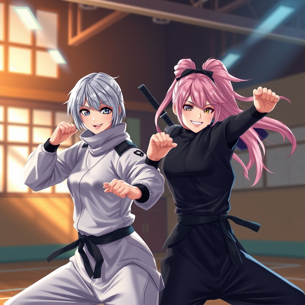 دو نینجا کار حرفه‌ای خانوم یکیشون با موهای کوتاه نقره‌ای و چتری کره‌ای با لباس‌های نینجا در ۱ حال انجام یک حرکت سخت نینجایی و دومی با موهای خیلی بلند صورتی کمرنگ که بالا بسته 
 شده و بهم هم ریخته در حال چرخ فلک زدن در یک باشگاه در حالی که لبخند زدن 
🥷🏻🥷🏻🤘🏻🫴🏻🤟🏻3