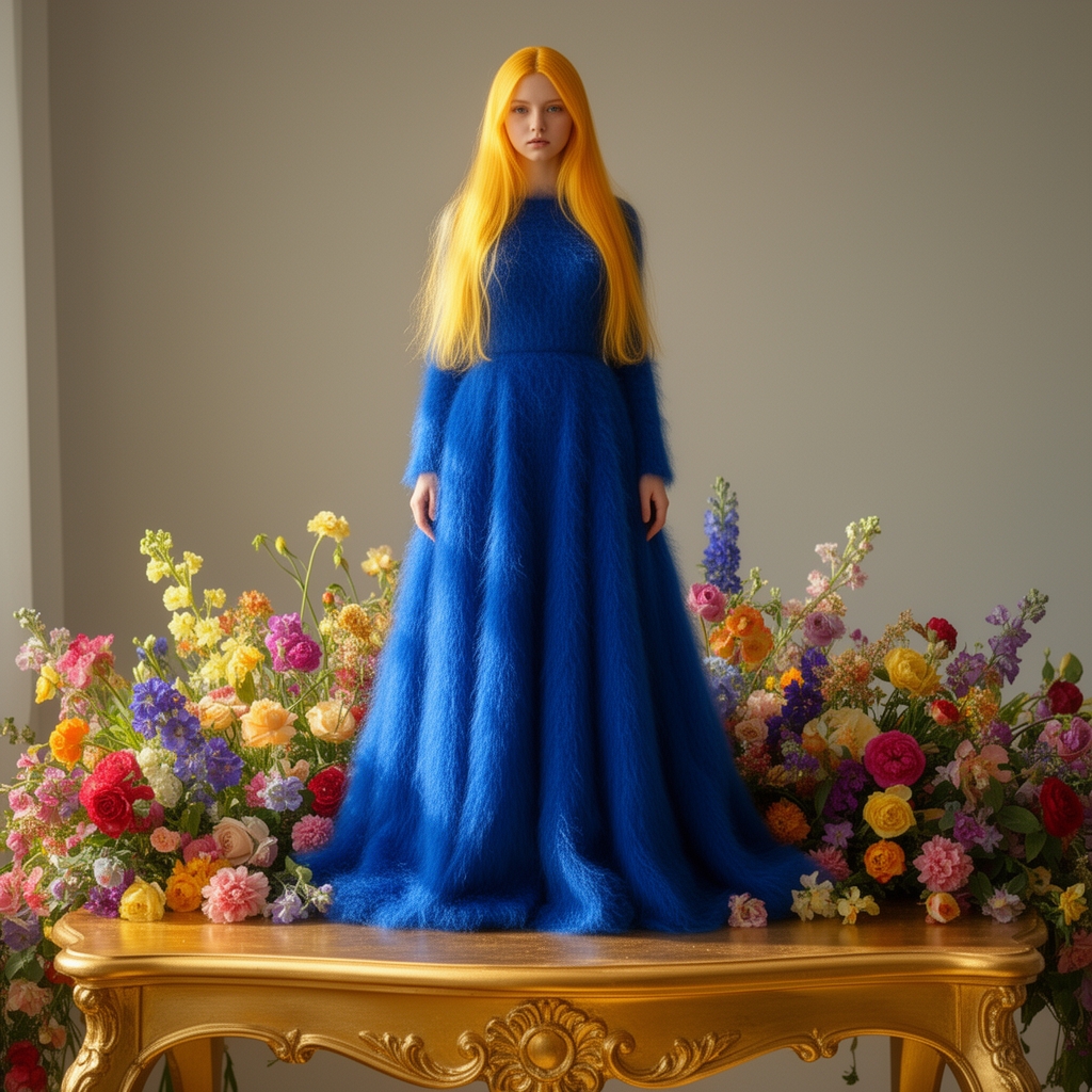 دختری ۱۹ساله خیلی خیلی زیبا بالباس آبی بلند پفدار زیبا موهای بلند طلایی روشن در روی تابی طلایی پر ازگل 2