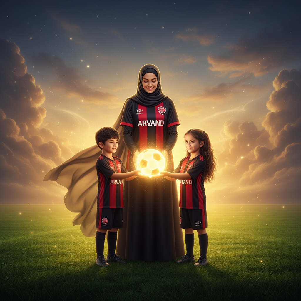 دو کودک و مادر با لباس فوتبالی تیم اروند و توپ فوتبالی که در کنار مادرشان ایستادهاند و روز مادر را تبریک میگویند که مادرشان هم حجاب داردرنگ لباس مشکی و قرمز باشه 2