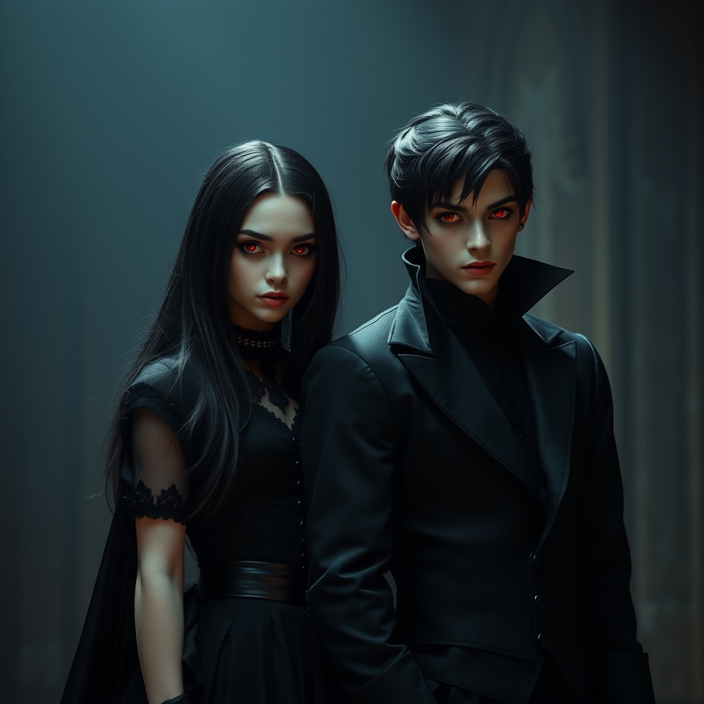 یه پسر خون آشام تو دل برو در کنار یه دختر خون آشام که پسره چشاش قرمزه و سیاه پوشیده و دختره موهای بلند مشکی داره و چشاش سیاهه 7