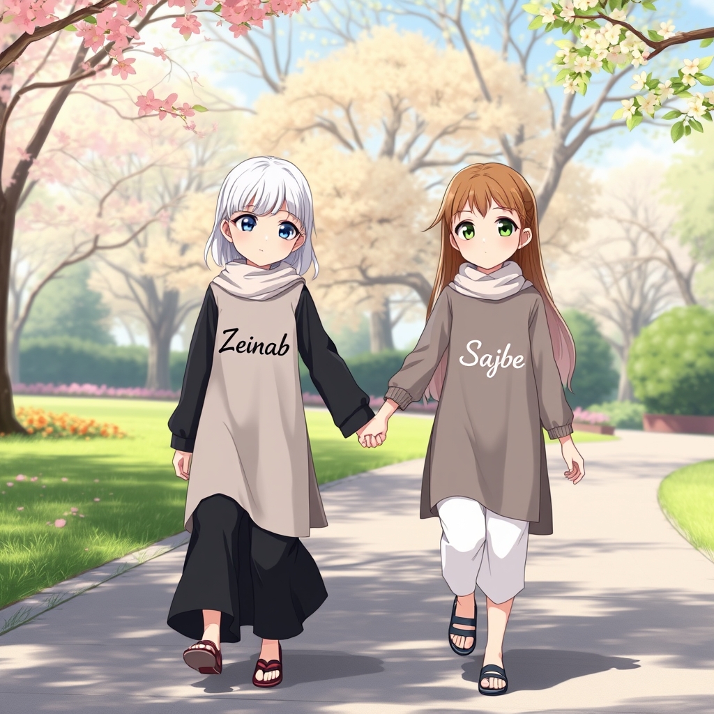 عکس ۲ دختر بسیار زیبا که دست هم دیگه را گرفتند و هر دو ی آنها ۱۰ سال دارند و آنها دارند در یک پارک خیلی زیبا قدم میزنن و یکی از آنها لباسی سفید و شلواری سیاه پوشیده است که روی لباسش با رنگ سیاه نوشته zeinab و مو هایش مدل دار و به رنگ سفید است و دیگری لباسی سیاه و شلواری سفید پوشیده است و روی لباسش با رنگ سفید نوشته شده است sajbe
17