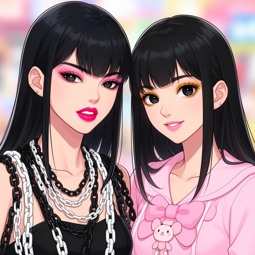 عکس دوتا دوست صمیمی کره ای در کنار هم یکی با ارایش زیبا هط چشم مشکی سایه ای صورتی ملیح و رژ لبی گلبهی و موهای مشکی و چشمانی مشکی و تیپی خشن و خفت پر از زنجیر سفید و مشکی لش و ان یکی با ارایشی زیبا رژ لبی صورتی کم رنگ و سایه ای طلایی و موهایی مشکی و چشمانی مشکی با تیپ کیوت صورتی هر دو کره ای هستند که هر دو موهایی بلند دارند0
