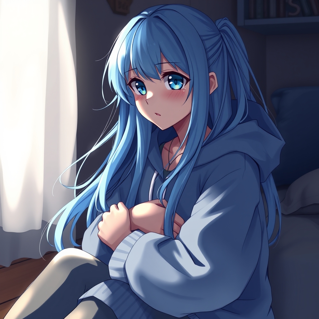 دختری با موهای آبی بلند و چشمان آبی، در گوشهای از اتاقش نشسته است. دامن کوتاه و هودی آبیاش، همچون آسمانی غمگین، به او ظاهری مدرن و شیک میدهد، اما اشکهایش که بر گونههایش میچکد،زیبایی او را به یک حس عمیق و دردناک تبدیل میکند.موهایش در نور کم اتاق،مانند امواج دریا میرقصند و چشمانش،که درخشش آبی خود را از دست دادهاند،داستانی از غم و تنهایی را روایت میکنند.او در آغوش خود، دنیایی از احساسات را در بر دارد،دنیایی که در آن شادی و غم به هم آمیختهاند.این تضاد بین زیبایی ظاهر و احساساتش زیبا است.2