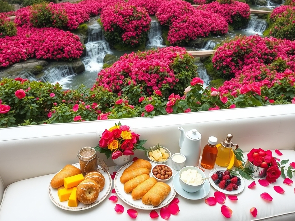 باغ گل سرخ 
آبشارها 
رودها چشمه ساران دارد 
از بالا تا پایین پر گل سرخ 
زمین سبز مملو از گلبرگ های گل سرخ 
میز صبحانه مجلل پرنان کره خامه عسل مربا 
میوه شیر شیر برنج 
و کاناپه سفید 8