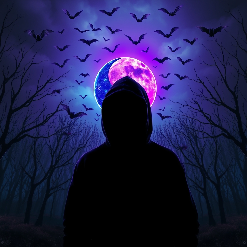 مردی که هودی به تن دارد و چهره اش مشخص نیست در یک دنیای عجیب و ترسناک که پر از خفاش است
در این دنیا یک یینگ یانگ بنفش و آبی وجود دارد
این دنیا پر از درختان بدون برگ است 6