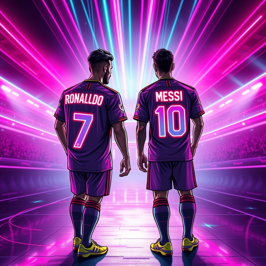 تصویری از بازیکنی با شماره ۷ که پشتش RONALDO نوشته در کنار بازیکنی با شماره ۱۰ که پشتش MESSIنوشته3