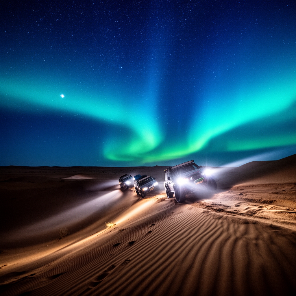یک شب پر ستاره که نورانی هستن در بیابانی بزرگ باشفق های قطبی زیبا و سه عدد ماشین آفرود که از تپه شن دارن نزدیک می شوند1