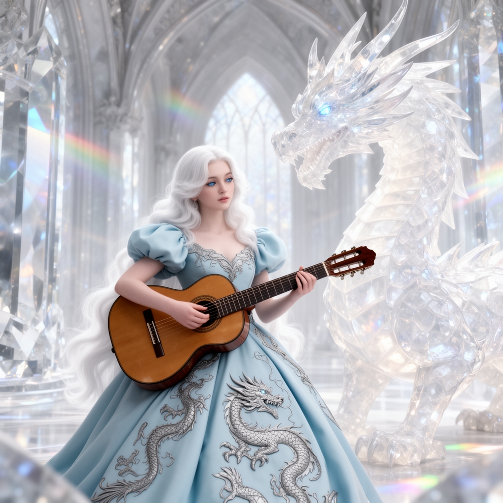 زیباترین زنی جوان در جهان حتی در رویایی که شکوه خدا را داشته باشد که نظیر آن در دنیا نباشد که همه از شدت زیبایی به او سجده کنند که با چشمان کریستالی آبی رنگ که در مردمکش دریا واقع شده است و با پوستی سفید همرنگ برف که با موهای سفید رنگ بلند حالت دار که با لباس سلطنتی پفی آستین پفی ابی کمرنگ که اژدهای نقرهای رنگی بر روی آن حکاکی شده باشد زیبایی باشد و در حال گیتار زدن باشد و داخل قصر کریستالی باشد و در کنارش زیباترین اژدهای کریستالی بزرگ سفید باشد 4