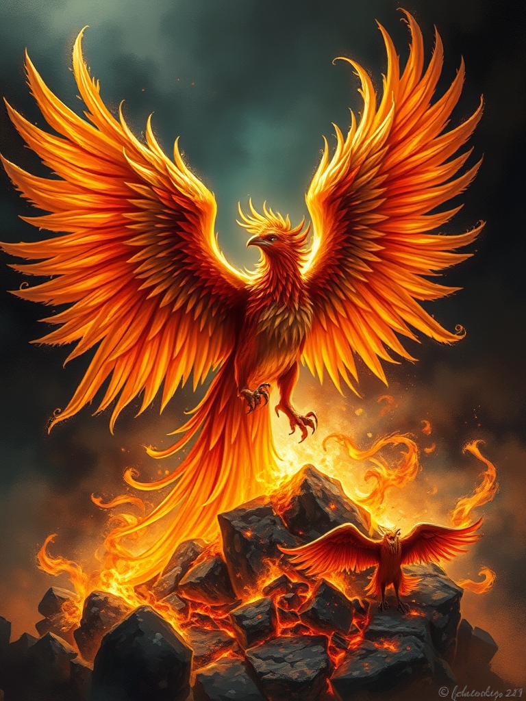 یک ققنوس برخاسته از زغالهای درخشان، با بالهایی آتشین که گسترده شدهاند.11