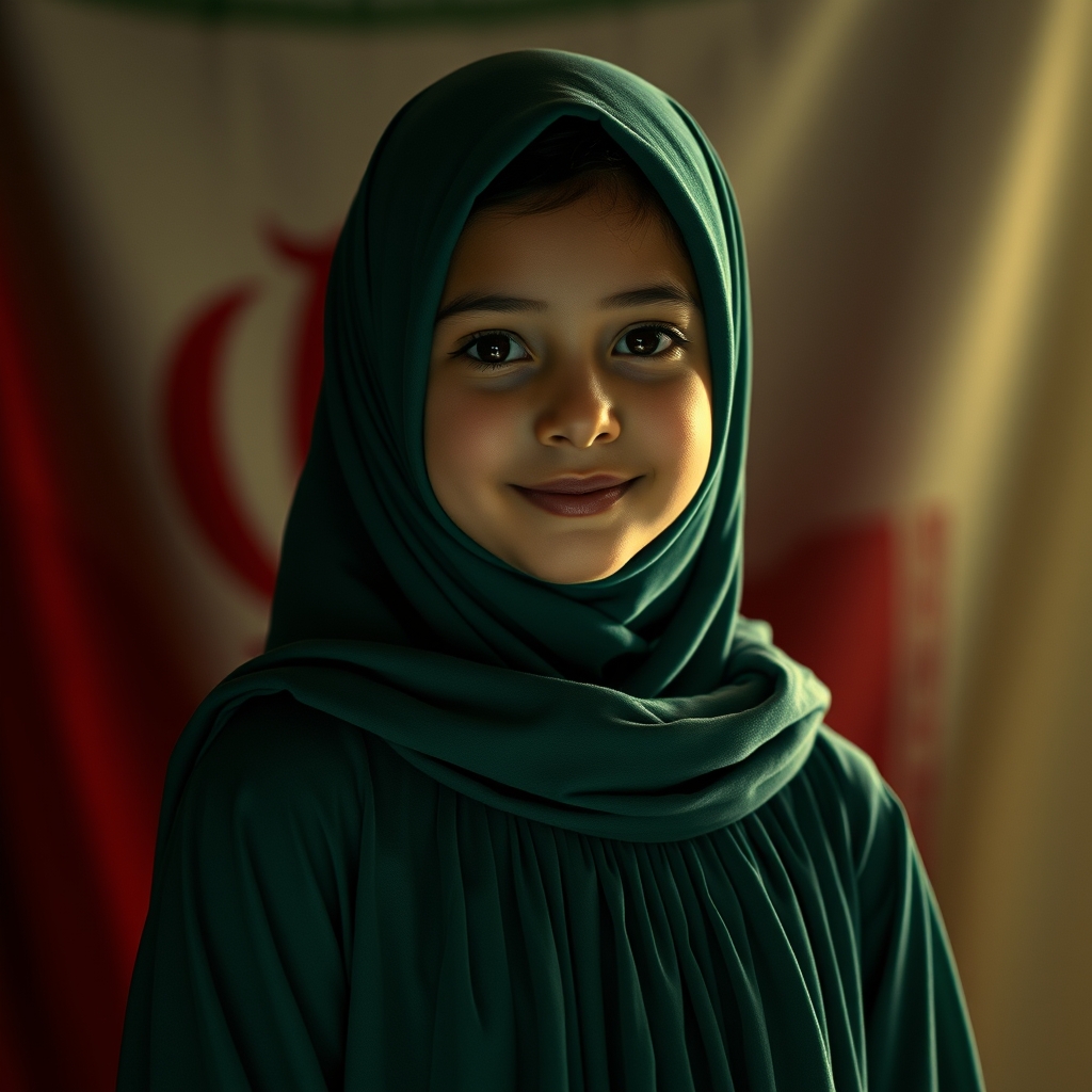 A Muslim girl wearing a green dress. She is veiled completely. Her hair cannot be seen. She is smiling. The flag of Islamic republic of Iran is behind her. We can see light around her face.12