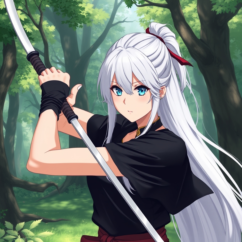 یک دختر چینی شمشیر زن حرفه ای در جنگل با موهای سفید بلند چشم های آبی درخشان تیشرت سیاه 19