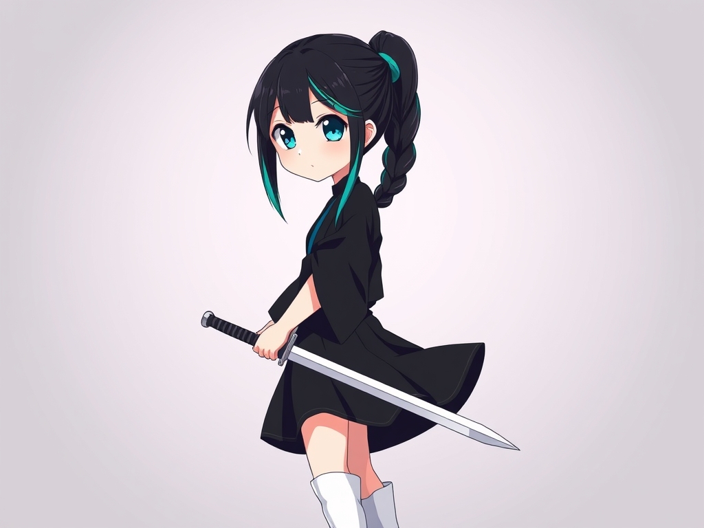 دختری( ۱۵ ساله)که موهایش مشکی و موهایش را دم یک اسبی بسته و آن دم اسبی را کامل بافته موهاش تا زانو هست و یک دامن مشکی دارد که تا پایین زانو هاش هست ی و یک لباس مشکی که آستین های گوشاد دارد آن دختر موهایش را زده به کنار و پایین موهاش فیروزه ای هست و چشماش هم فیروزه ای هست او پوت هایی سفید تا زانو دارد او یک شمیر دارد در دست حالت سینمایی،انیمه ای ، لوگو ولی با نمک تر و انیمه ای تر7