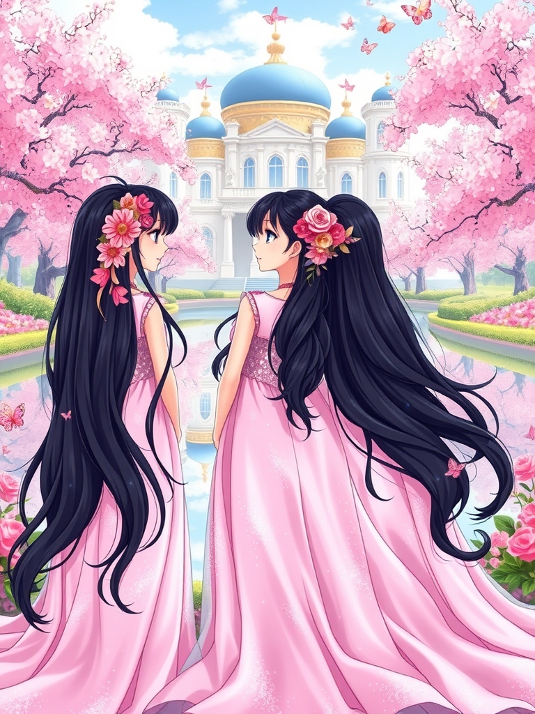 سه قلو ها،سه خواهر که سه قلو هستند و شبیه هم هستند و مانند راپونزل هستند و موهای مشکی بسیار بلند دارند که روی زمین کشیده می شود که موهای آنها با گل های رنگارنگ تزیین شده است و قصری زیبا کنار دریاچه با گل ها و درخت شکوفه صورتی است و سه خواهر لباس ابریشمی به رنگ صورتی و دامن دار و اکلیلی دارند و دامن آنها بر روی زمین پهن شده است و پروانه های رنگارنگ اطراف آنهاست6