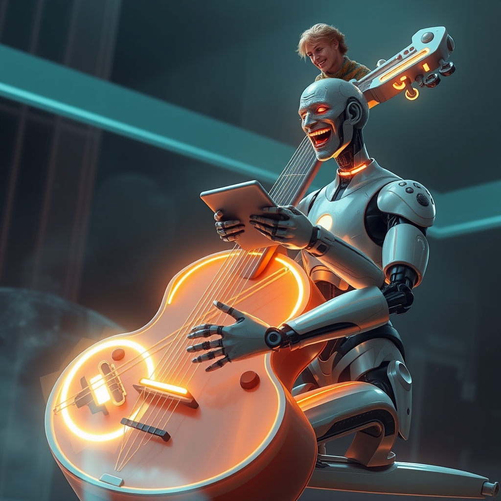 یک ساز موسیقی آیندهنگر با رشتههای هولوگرافیک درخشان، در حال نواختن توسط یک ربات که دارد میخندد همچنین مردی دارد روی سرش تبل میزند 2