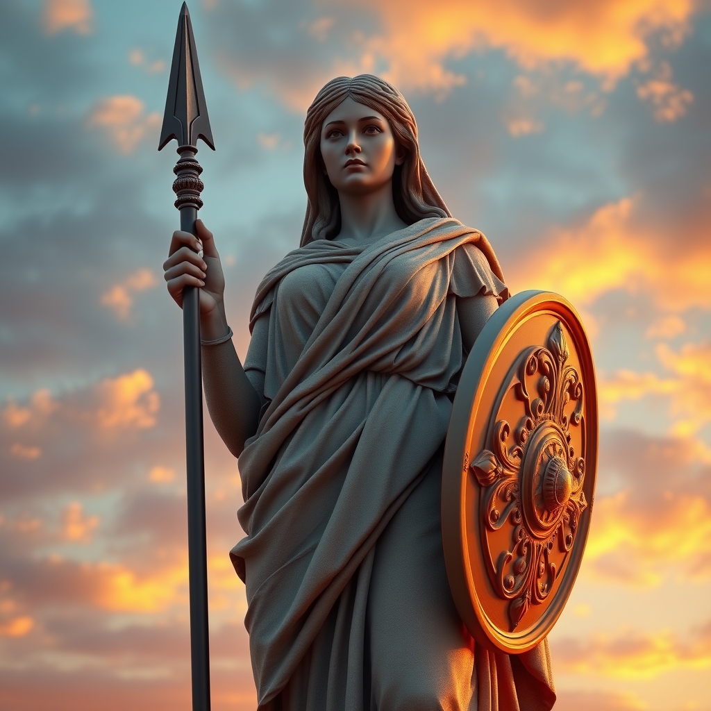 The image shows a statue of a female figure holding a spear and a shield, set against a dramatic sunset sky with clouds. The statue is wearing intricate, classical-style drapery.2
