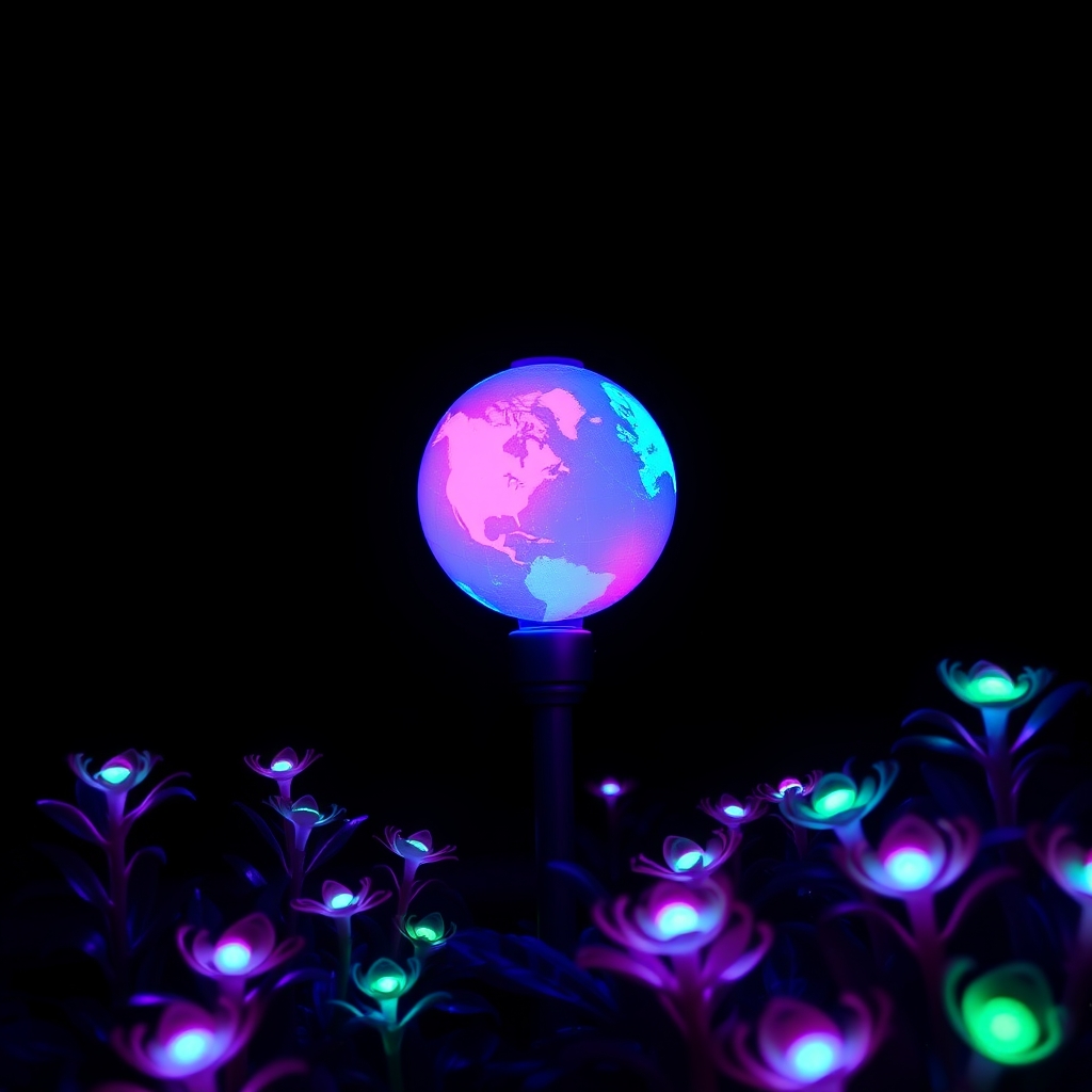 یک روبه و نئونی درخشان به رنگ آبی، صورتی، بنفش در تاریکی شب احاطه شده توسط گیاهان شب تاب
5