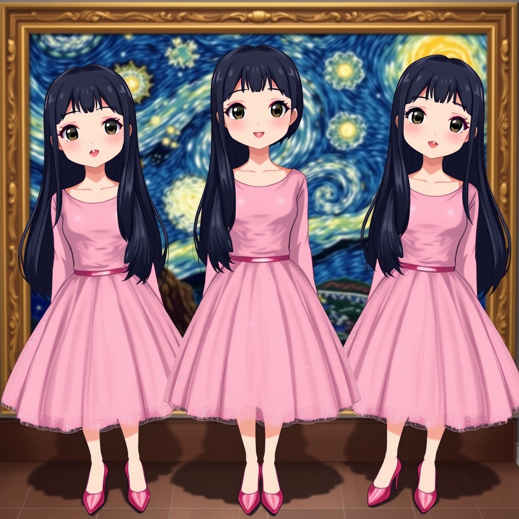 سه قلو ها،سه خواهر سه قلو که شباهت خیلی زیادی به هم دارند و پشت سر آنها نقاشی شب پر ستاره ونگوگ است و هر سه تاشون موهای مشکی و خیلی بلند دارند و لباس هر سه تاشون صورتی و درخشان و دامن دار مانند پرنسس ها باشد که برق می زند و لب های سرخ و لبخندی ملایم داشته باشند و کفش های پاشنه بلند صورتی و براق دارند و انیمه هستند14