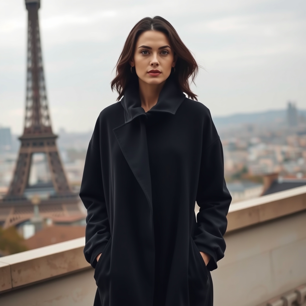 زن مو مشکی با کت مشکی کنار پاریس
16