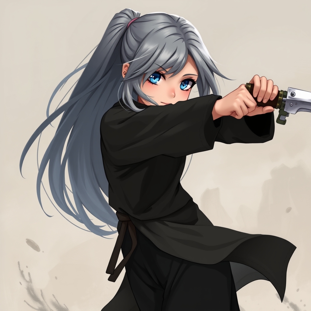 دختر زیبا با چشم هایی آبی و موهای بلند طوسی قدش بلند باشد و لباس شلوار کوتاه به رنگ مشکی و درحال مبارزه باشد1