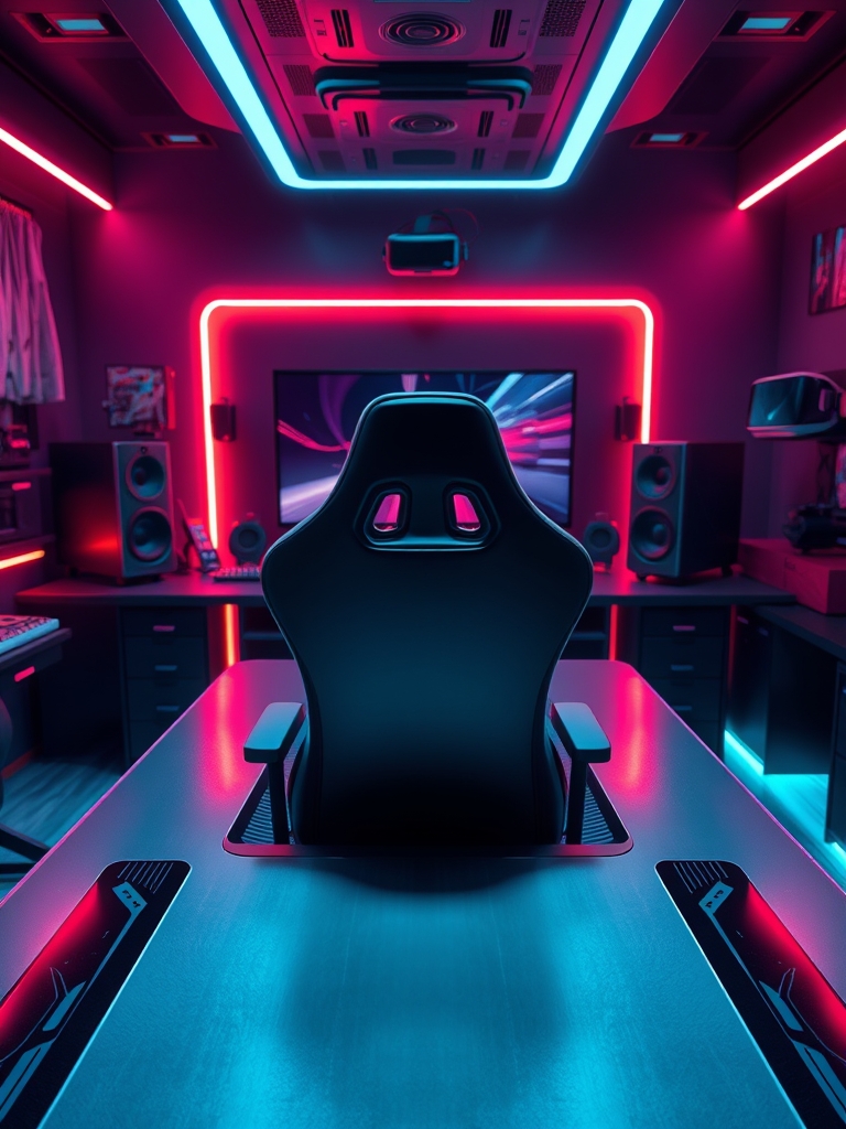 سلام یه عکس بده بهم که فقط یه اتاق گیمینگ خیلی شیک باشه زاویه دوربین از پشت میز و یک صندلی گیمینگ خوشگل هم پشت میز صاف وجود داشته باشه بدونه  اینکه هیچ کسی پشت میز نشسته باشه0
