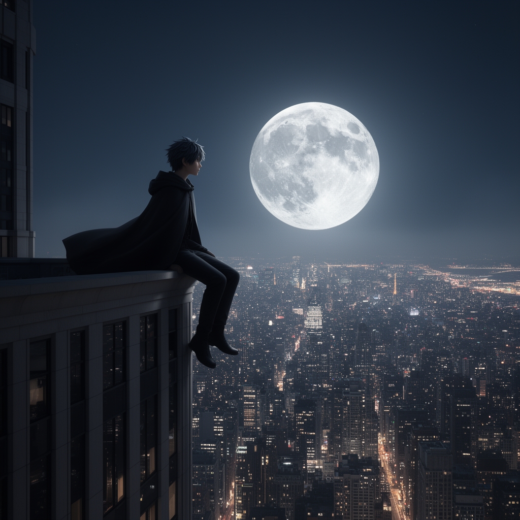 پسر انیمه‌ای با شنل سیاه که روی لبه یک ساختمان بلند در شب نشسته و به شهر نگاه می‌کند، ماه کامل بزرگ در پس‌زمینه.
2