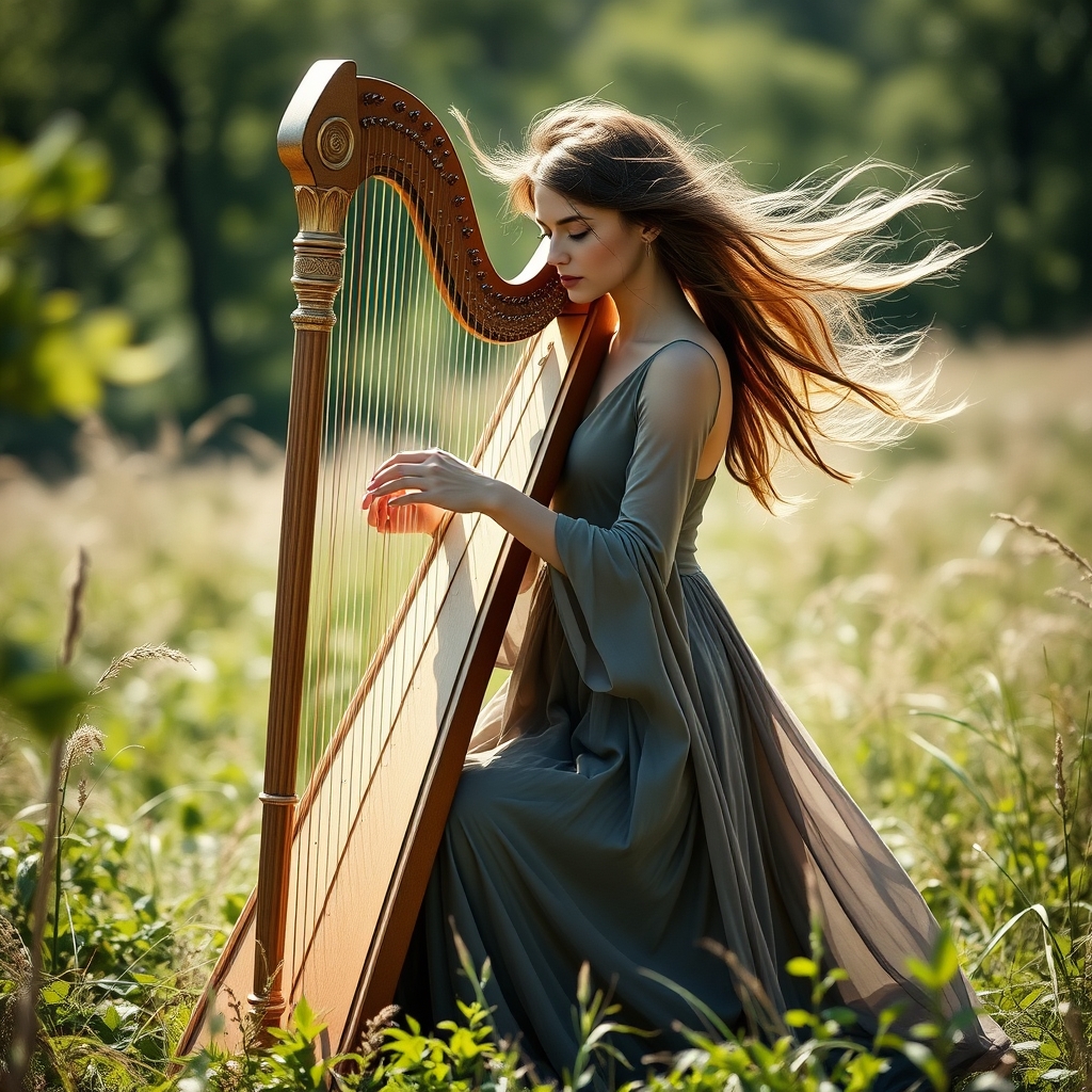 خانمی با موهای ازاد در باد که در طبیعت زیبا در حال نواختن چنگ است5