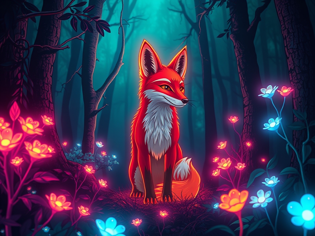 یک روباه نئونی درخشان در جنگلی تاریک، احاطهشده توسط گیاهان شبتاب.2