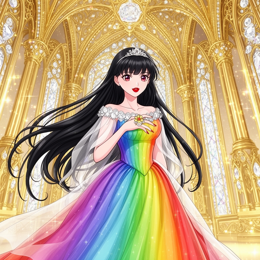 دختری که در قصری از طلا و الماس زندگی می‌کند و لباس پرنسس بلند رنگین کمانی با انگشتر با شکل گل و موهای بلند که پرواز میکنه  و مشکی و لبان قرمز  1