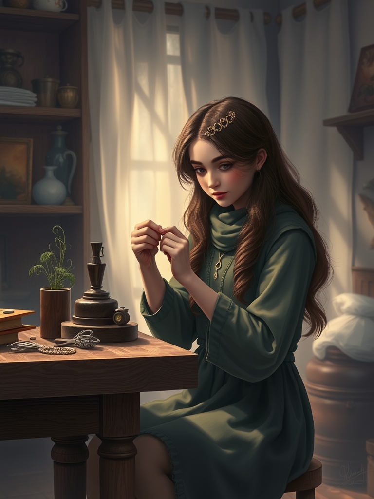 یک دختر نوجوان ایرانی با موهای حالت داردر اتاق ساخت زیورآلات دخترانه روی میز مخصوص کار چوبی با دقت مشغول ساخت گلسر هنرمندانه است9