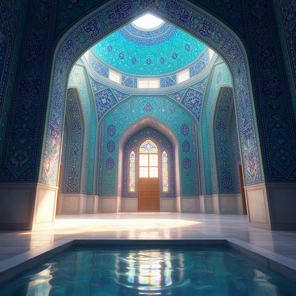 نمای داخلی یک مسجد قدیمی ایرانی با کاشی‌کاری‌های فیروزه‌ای و لاجوردی خیره‌کننده، انعکاس تصویر در حوض آب وسط حیاط، معماری دقیق.3
