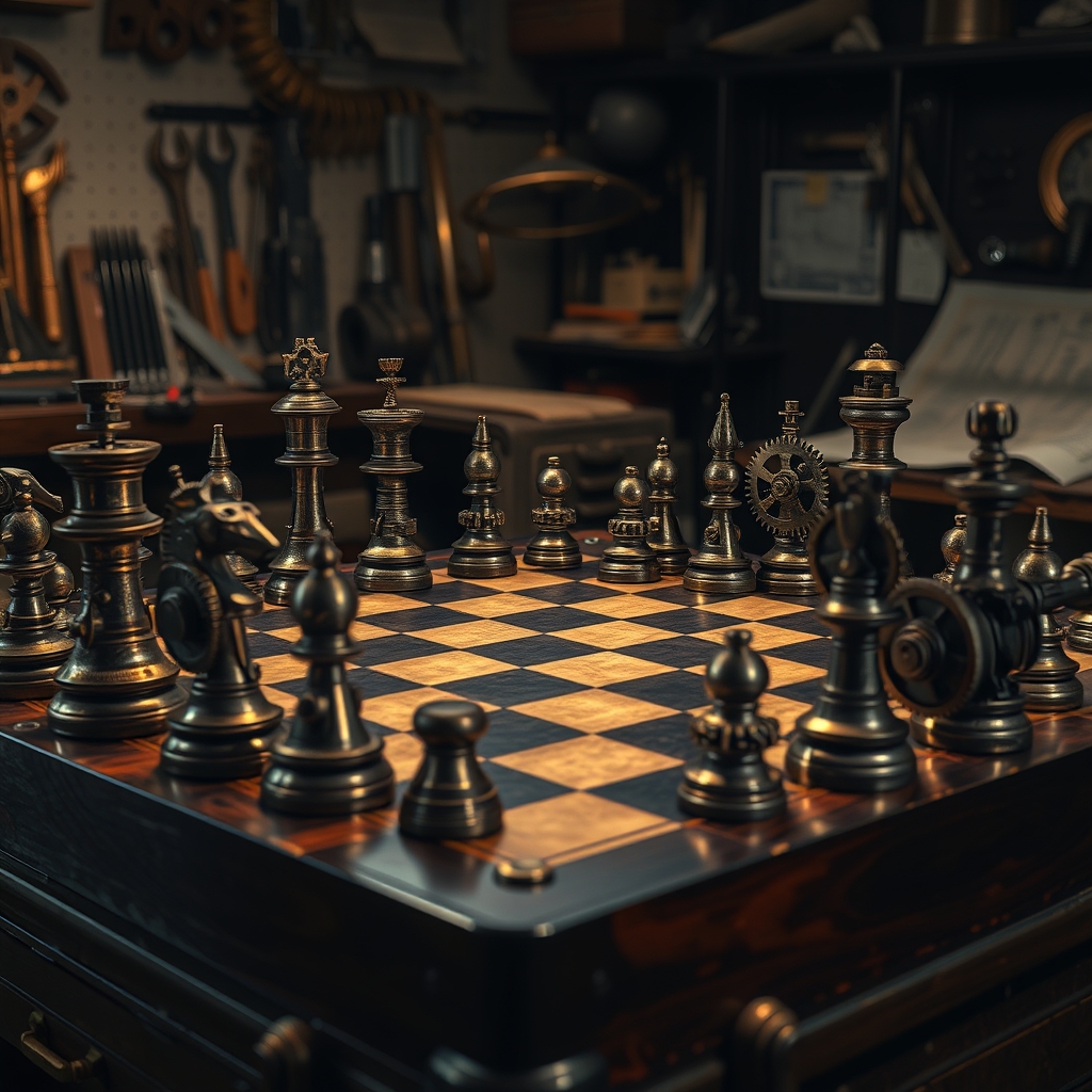 یک صفحه شطرنج به سبک استیمپانک با مهرههایی به شکل چرخدندهها.22