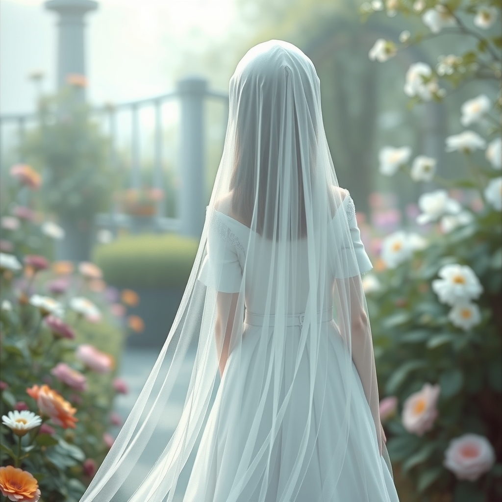عکس دختر باحجاب و سفیدپوش همراه با چادری سفید و بلند در باغ زیبا از پشت سر5