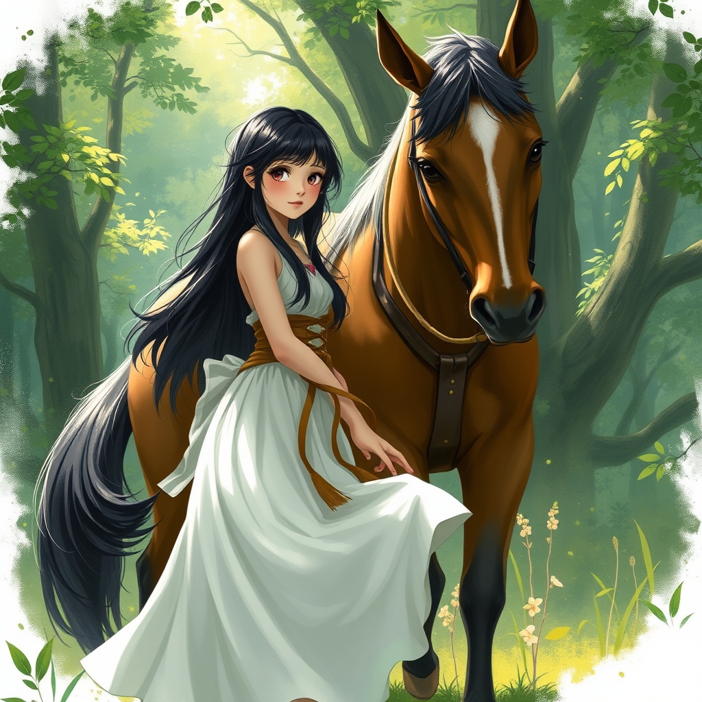 یک دختر با موهای مشکی بلند دامن بلند سفید با اسب قهوای میان جنگل سرسبز ایستاده کنار اسب
22