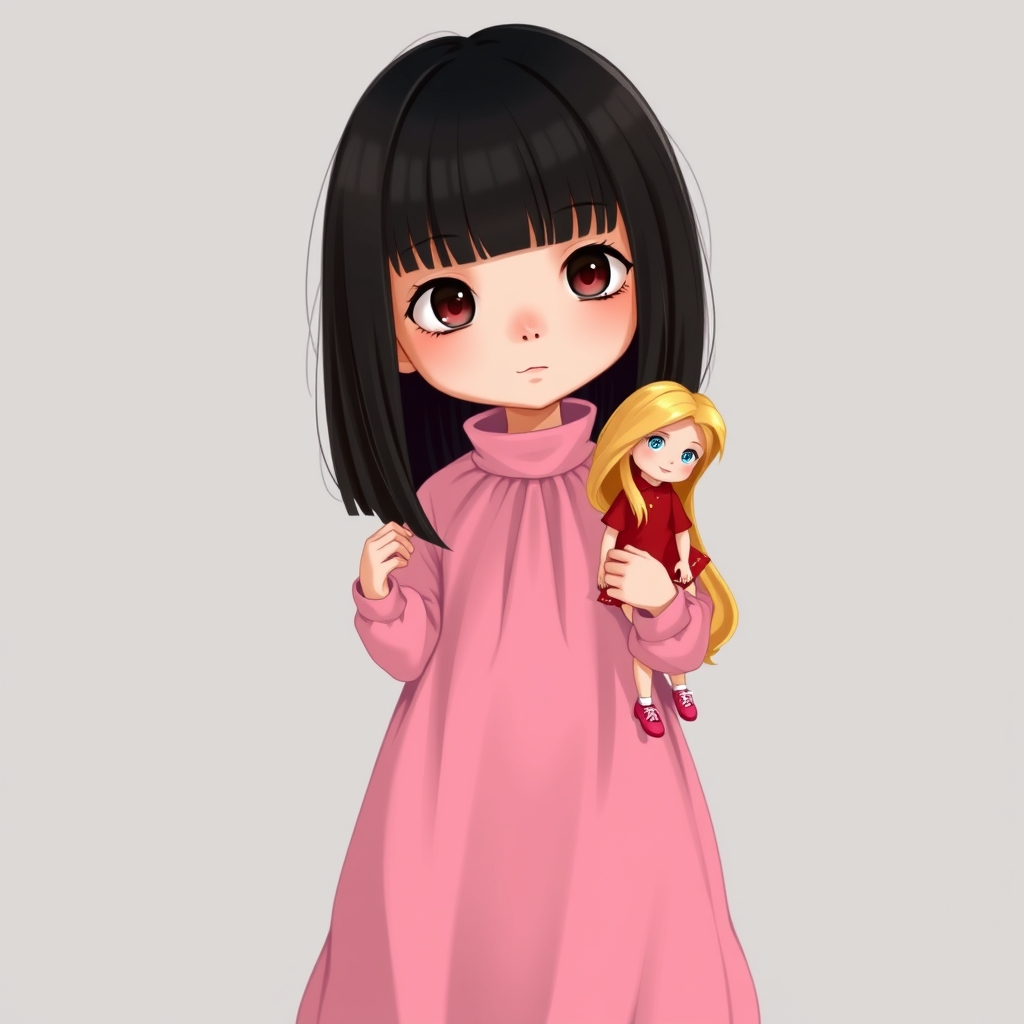 دختری با موهای مشکی لخت و لباس صورتی با دامن کوتاه و کفشهای صورتی با بند های سفید و یک عروسک موطلایی با لباس قرمز و چشمان ابی در دست16