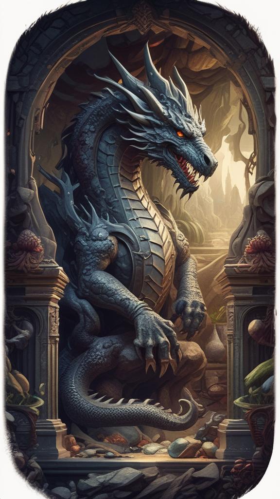 غاری تاریک و پر از گنجینه که توسط اژدهای باابهت نگهبانی می‌شود، با جزئیات دقیق پوست اژدها و گنجینه.23