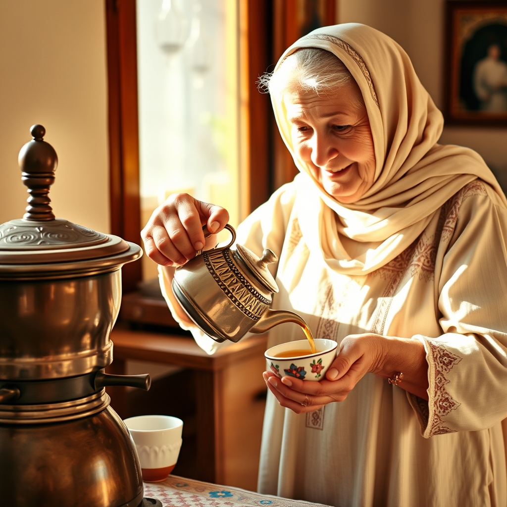 عکس یک مادربزرگ درحال جایی ریختن کنار سماور و قوری به دست1