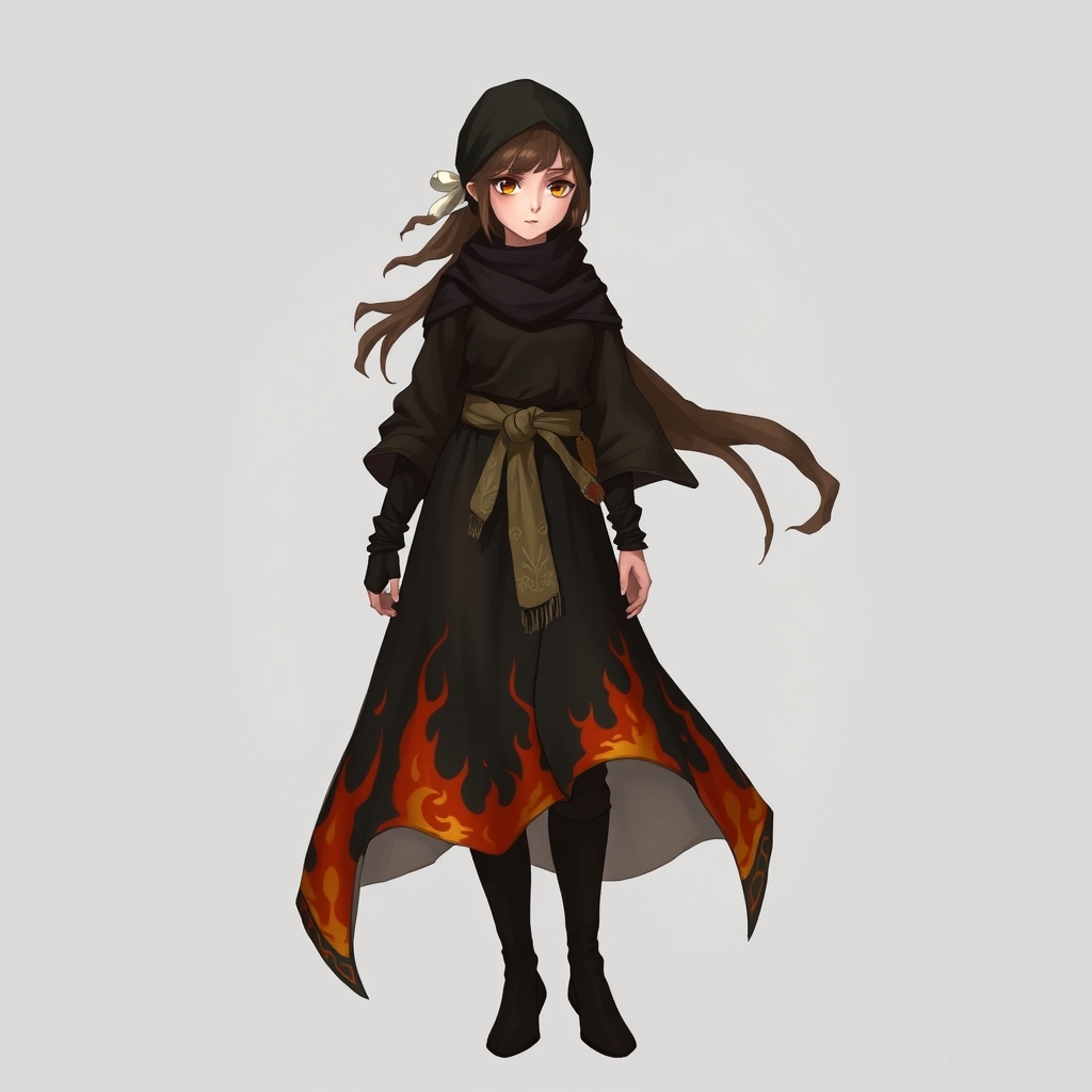 دختر جنگجو شبیه پسر با لباس مشکی و با طرح آتش با سربند با دستمال گردن و چکمه های بلند مشکی با موهای بلند بسته شده با یک ربان سفید با چهره ای مظلوم و بی گناه 17